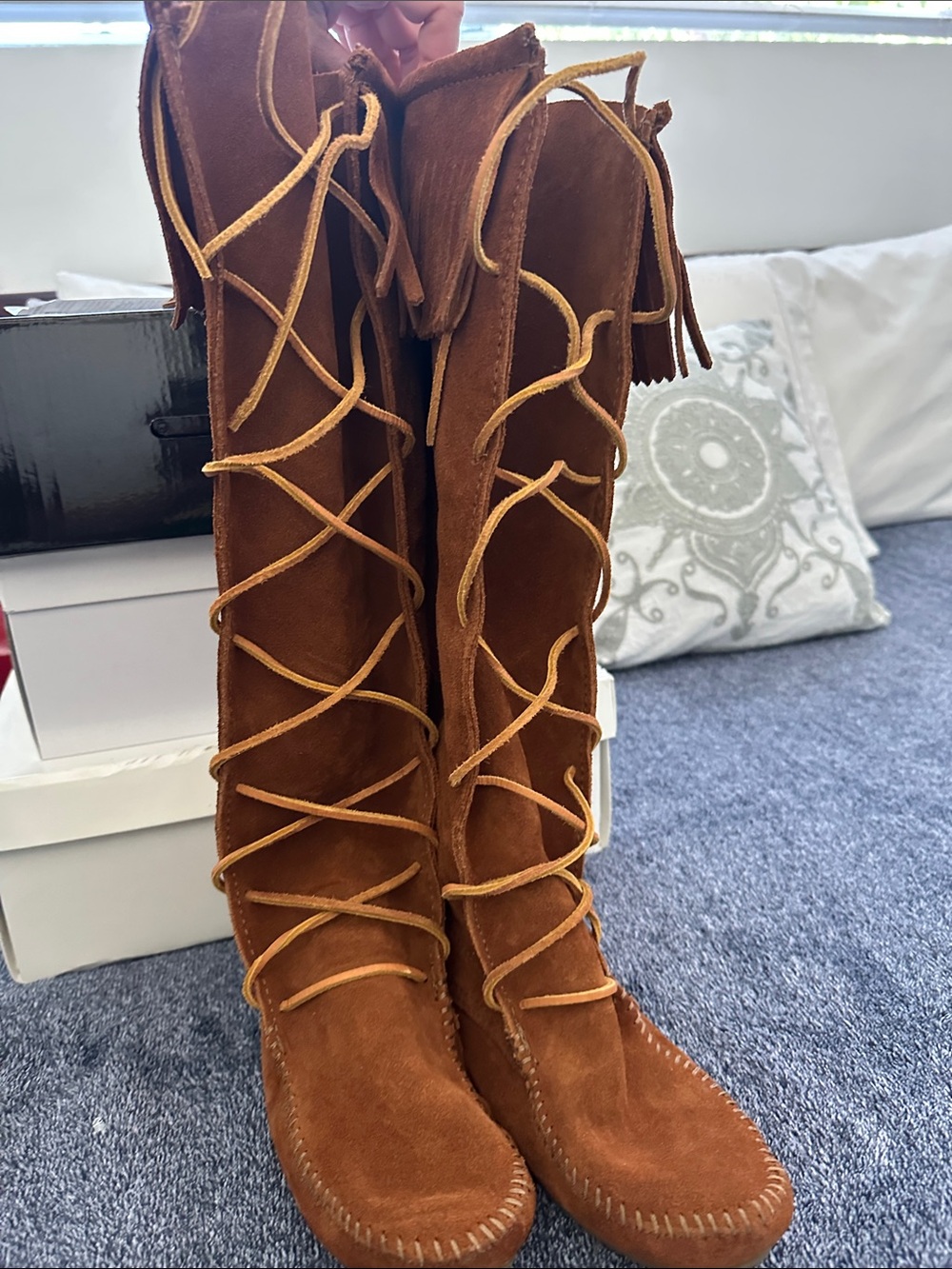 Women's Brown Suede Fringe Lace-Up Knee Boots - Picture 5 of 6